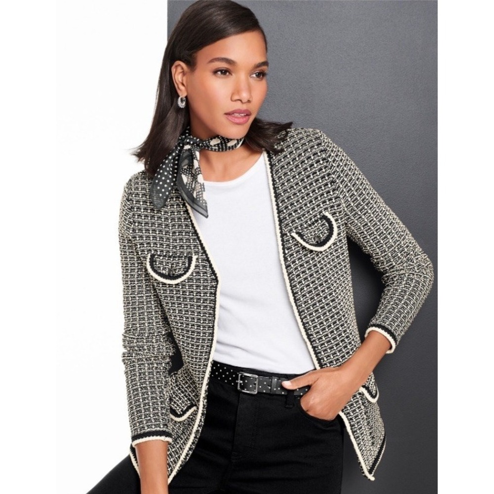 Talbots Women Black&White Sweater Cardigan Open Front Faux Pockets XS NWT $169